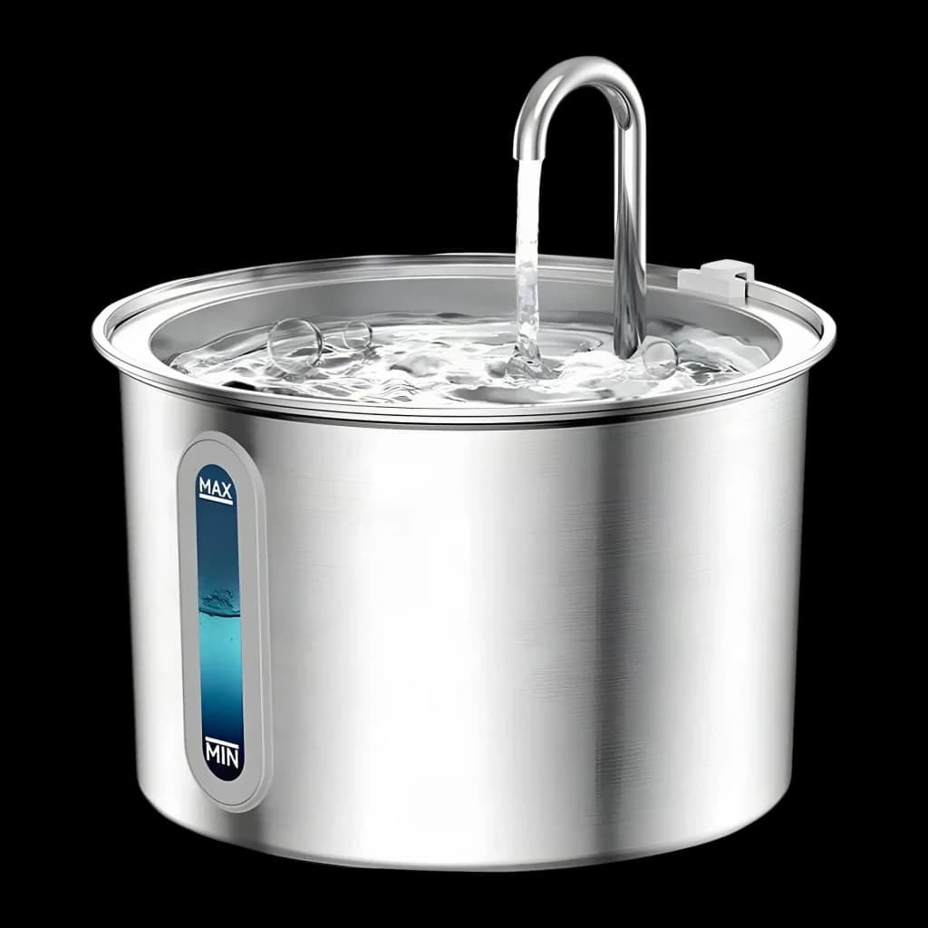 Bebedero automático Oneisall 2L Acero Inoxidable PWF-001-1, vista frontal: grifo arqueado con agua fluyendo e indicador