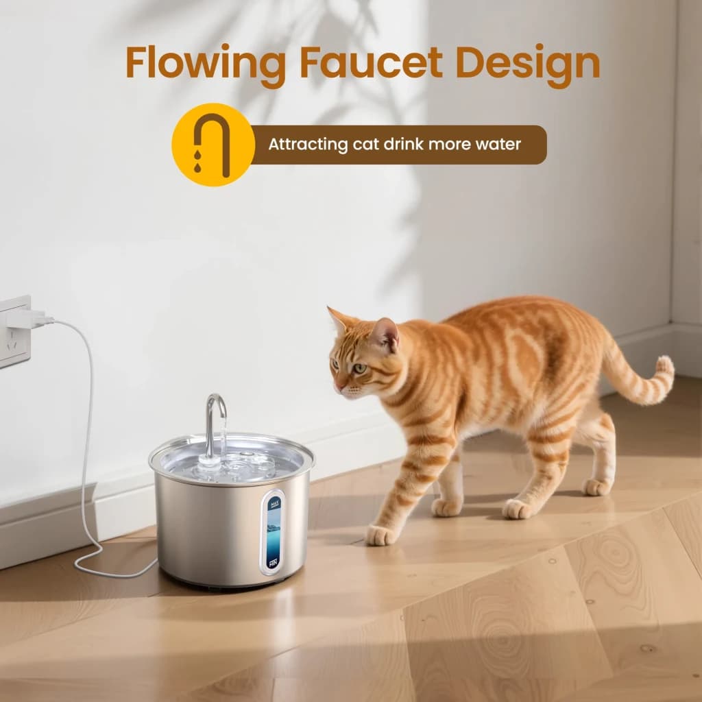 Bebedero automático Oneisall 2L Acero Inoxidable PWF-001-1, en uso: gato anaranjado acercándose al grifo de agua circulante