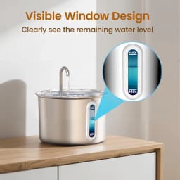 Bebedero automático Oneisall 2L Acero Inoxidable PWF-001-1, en uso: ventana de nivel de agua visible con zoom detalle MIN MAX