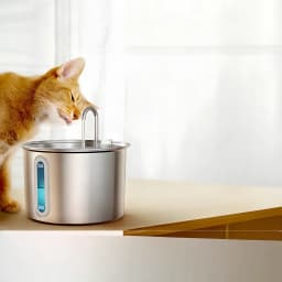 Bebedero automático Oneisall 2L Acero Inoxidable PWF-001-1, en uso: gato bebiendo del grifo con indicador de nivel MIN-MAX