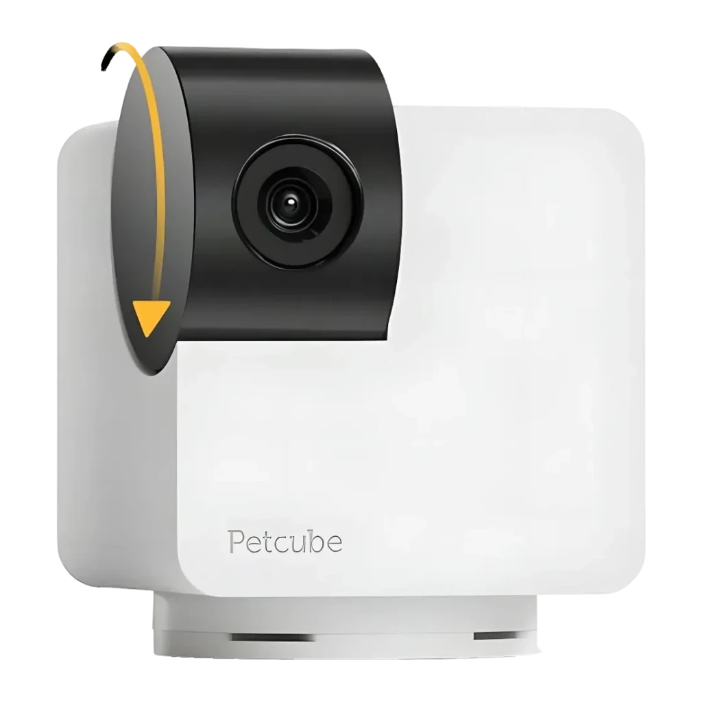 Cámara para mascotas Petcube Cam 360 WiFi 1080p Visión Nocturna Blanco, vista frontal: cabezal negro giratorio con lente
