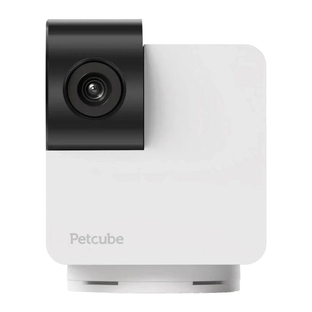 Cámara para mascotas Petcube Cam 360 WiFi 1080p Visión Nocturna Blanco, detalle frontal: lente negra giratoria sobre cuerpo