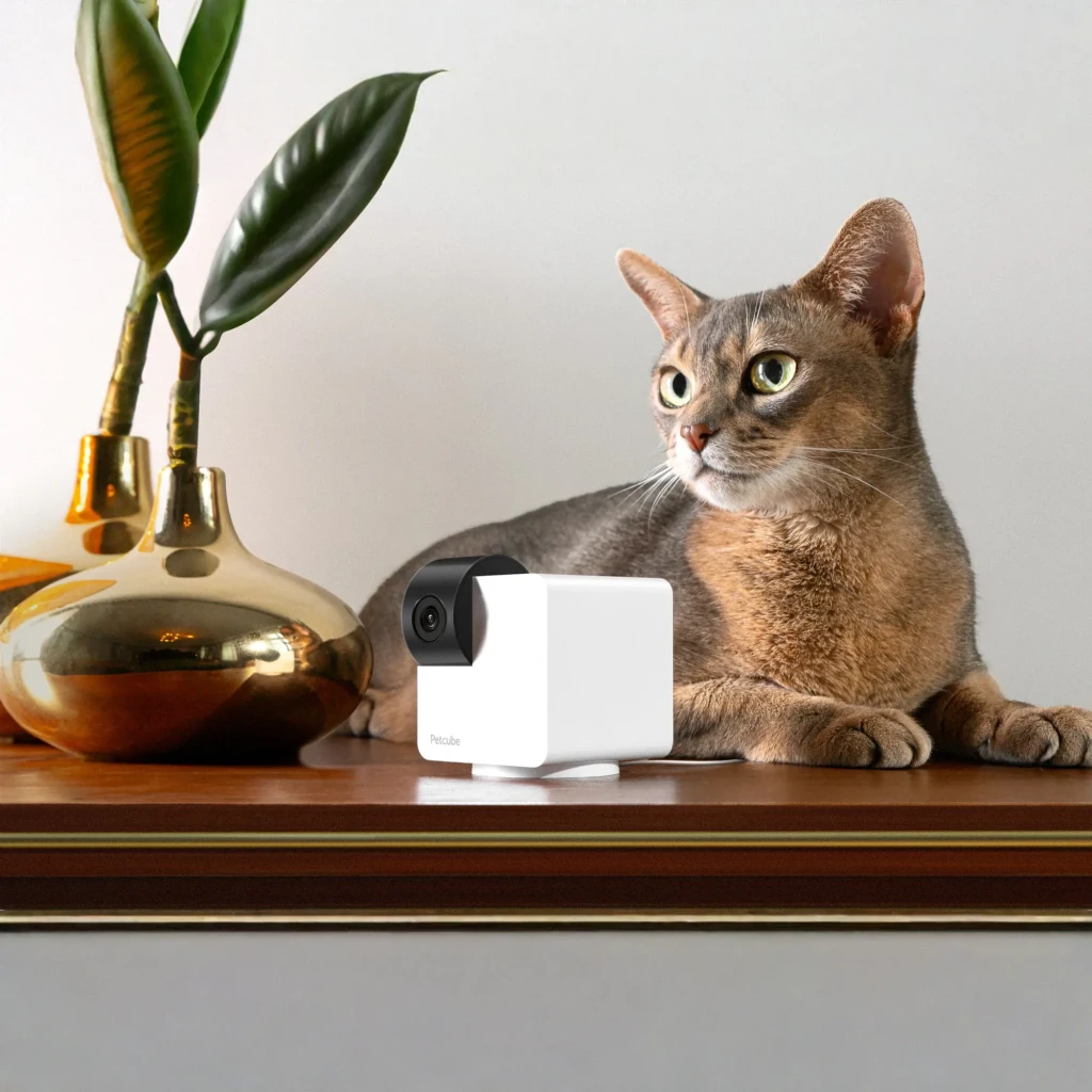 Cámara para mascotas Petcube Cam 360 WiFi 1080p Visión Nocturna Blanco, en uso: sobre estante junto a gato abisinio y jarrón