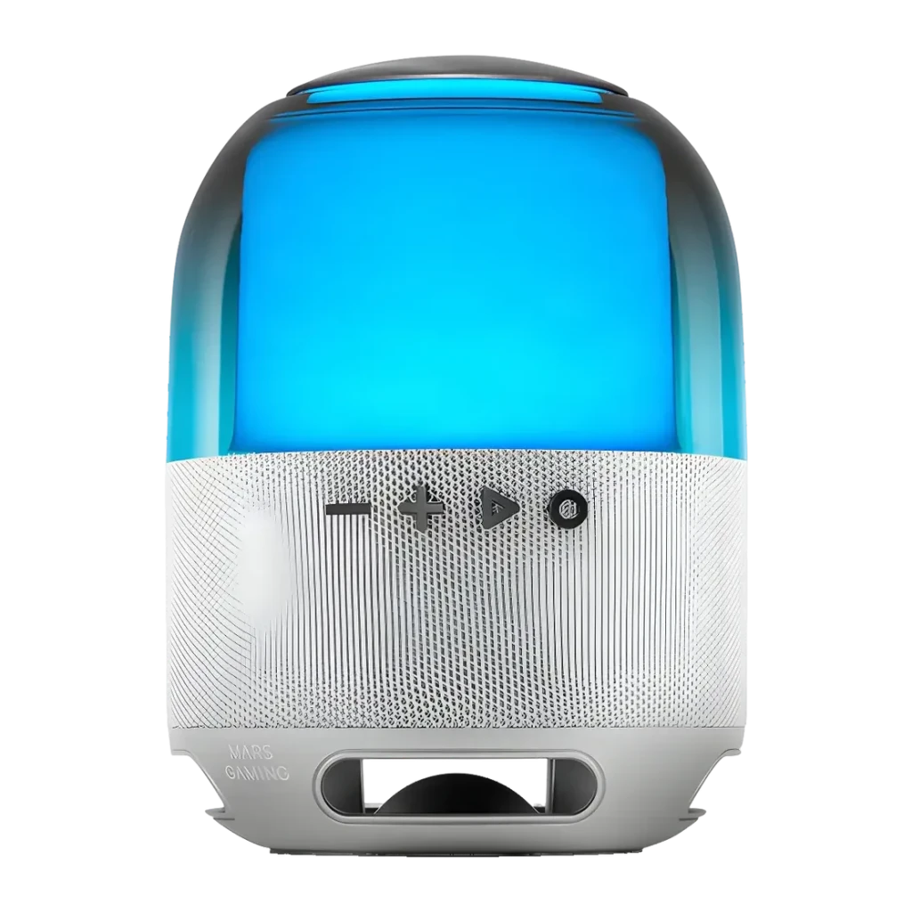 Coluna Mars Gaming MS-Flow MSFLOWW 15W 6h Bluetooth 5.3, vista frontal: cúpula LED azul, grelha branca e botões de controlo
