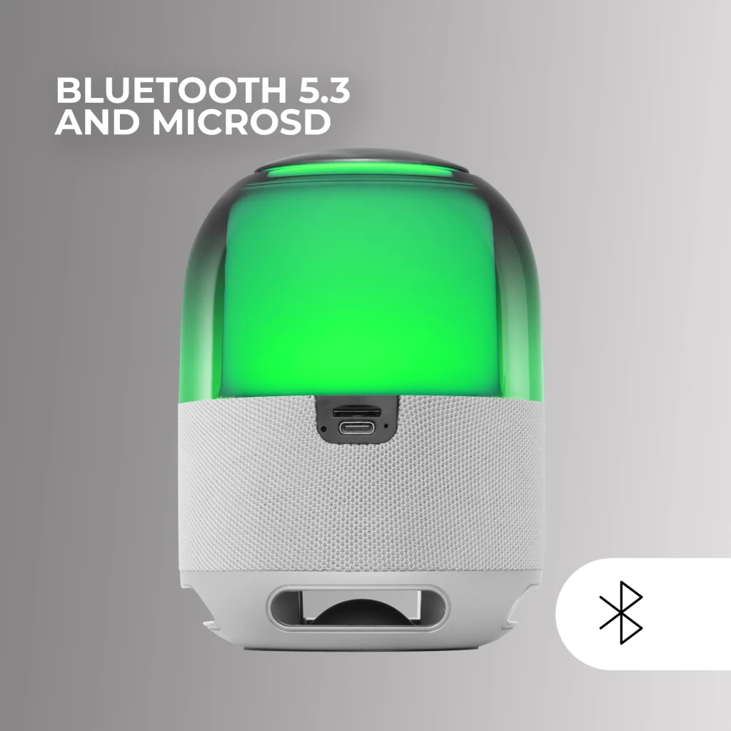 Coluna Mars Gaming MS-Flow MSFLOWW 15W 6h Bluetooth 5.3, vista traseira: cúpula iluminada a verde, porta USB-C e radiador