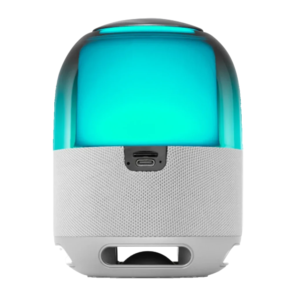 Coluna Mars Gaming MS-Flow MSFLOWW 15W 6h Bluetooth 5.3, vista traseira: porta USB-C, cúpula RGB ciano e radiador passivo