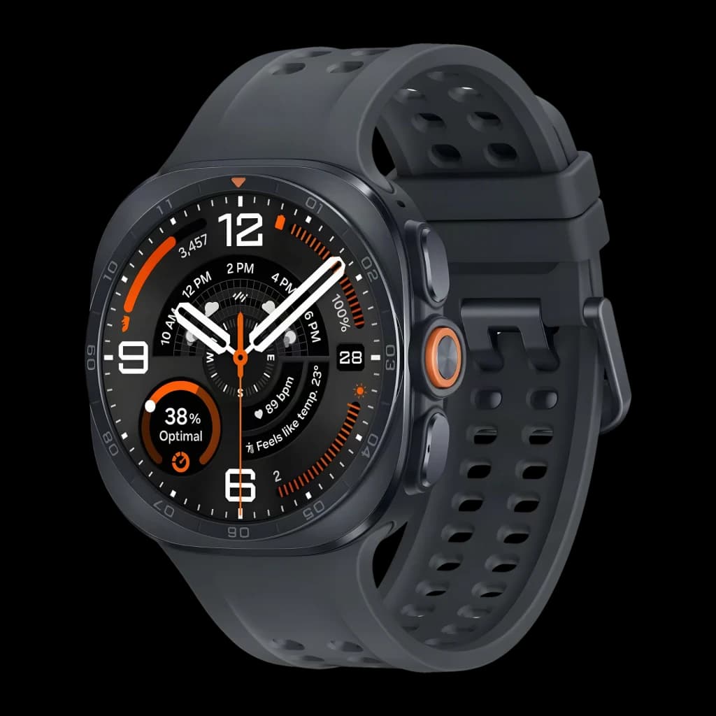 Samsung Galaxy Watch Ultra 2 47mm LTE Negro GPS Dual Frequency, vista frontal en ángulo: esfera deportiva con detalles