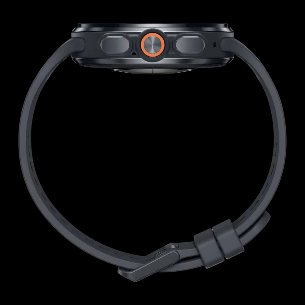 Samsung Galaxy Watch Ultra 2 47mm LTE Negro GPS Dual Frequency, lateral: corona naranja, tres botones y correa oscura