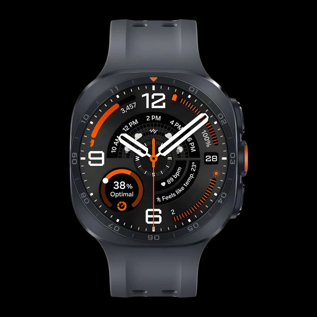 Samsung Galaxy Watch Ultra 2 47mm LTE Negro GPS Dual Frequency, frontal: esfera deportiva naranja con datos de salud y bisel