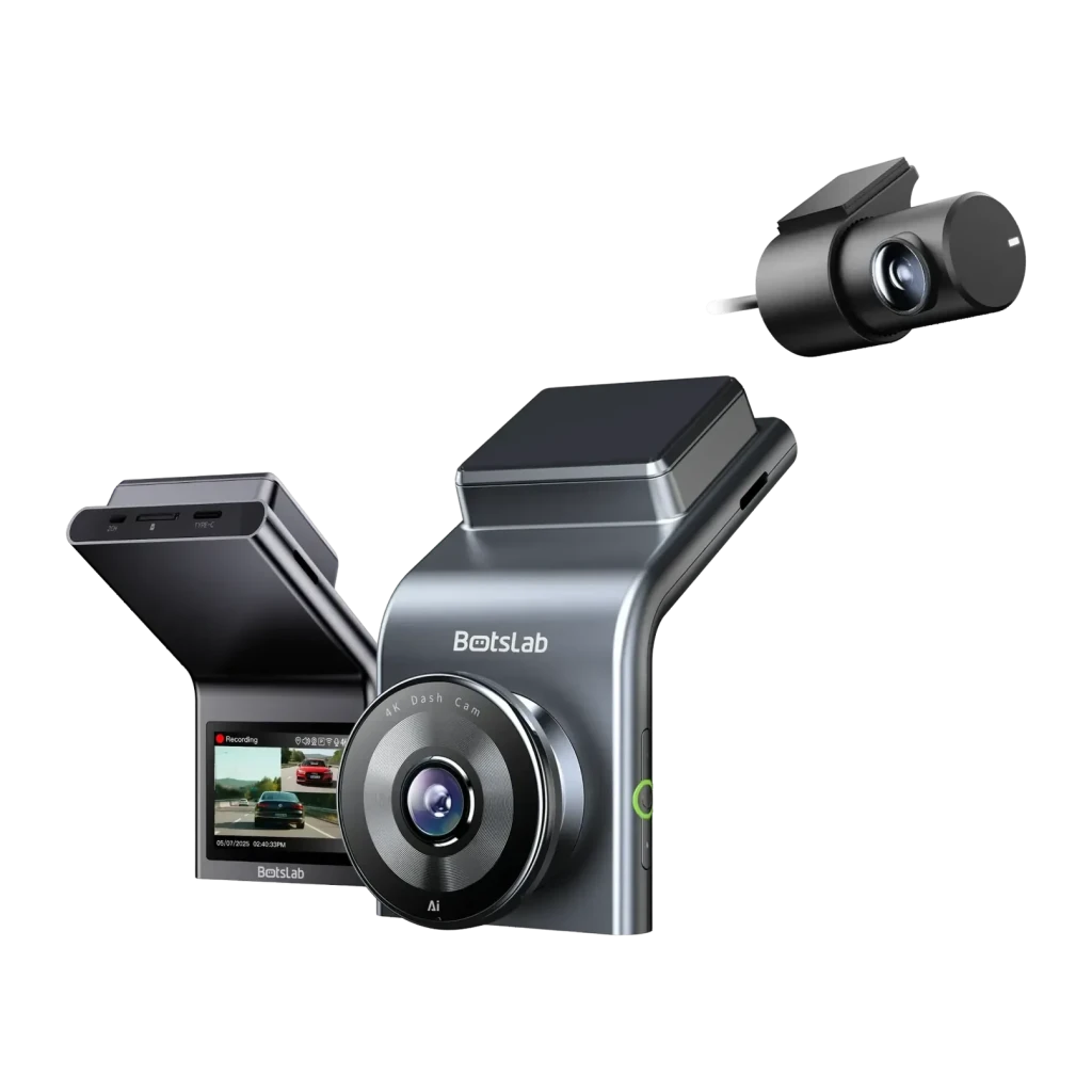 Dashcam Botslab G300H Plus Cinzento 2CH 4K + 1080p GPS, vista frontal: câmara principal com ecrã LCD ativo e câmara traseira