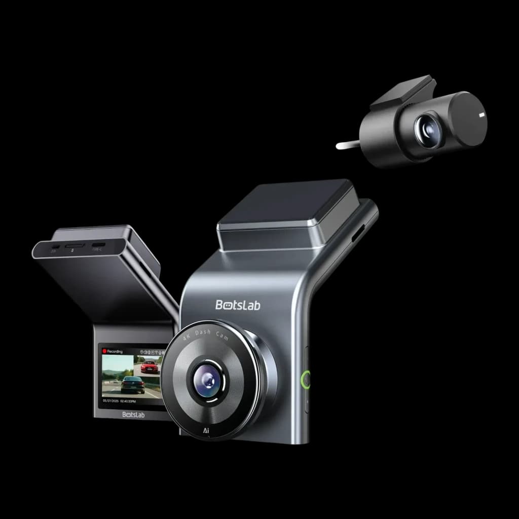 Dashcam Botslab G300H Plus Cinzento 2CH 4K + 1080p GPS, vista frontal: câmara principal com ecrã LCD ativo e câmara traseira