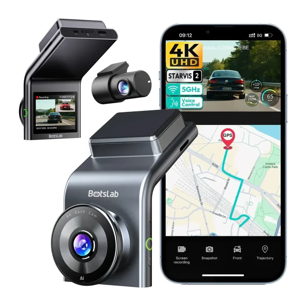 Dashcam Botslab G300H Plus Cinzento 2CH 4K + 1080p GPS, em uso: câmara frontal e traseira com app GPS em smartphone
