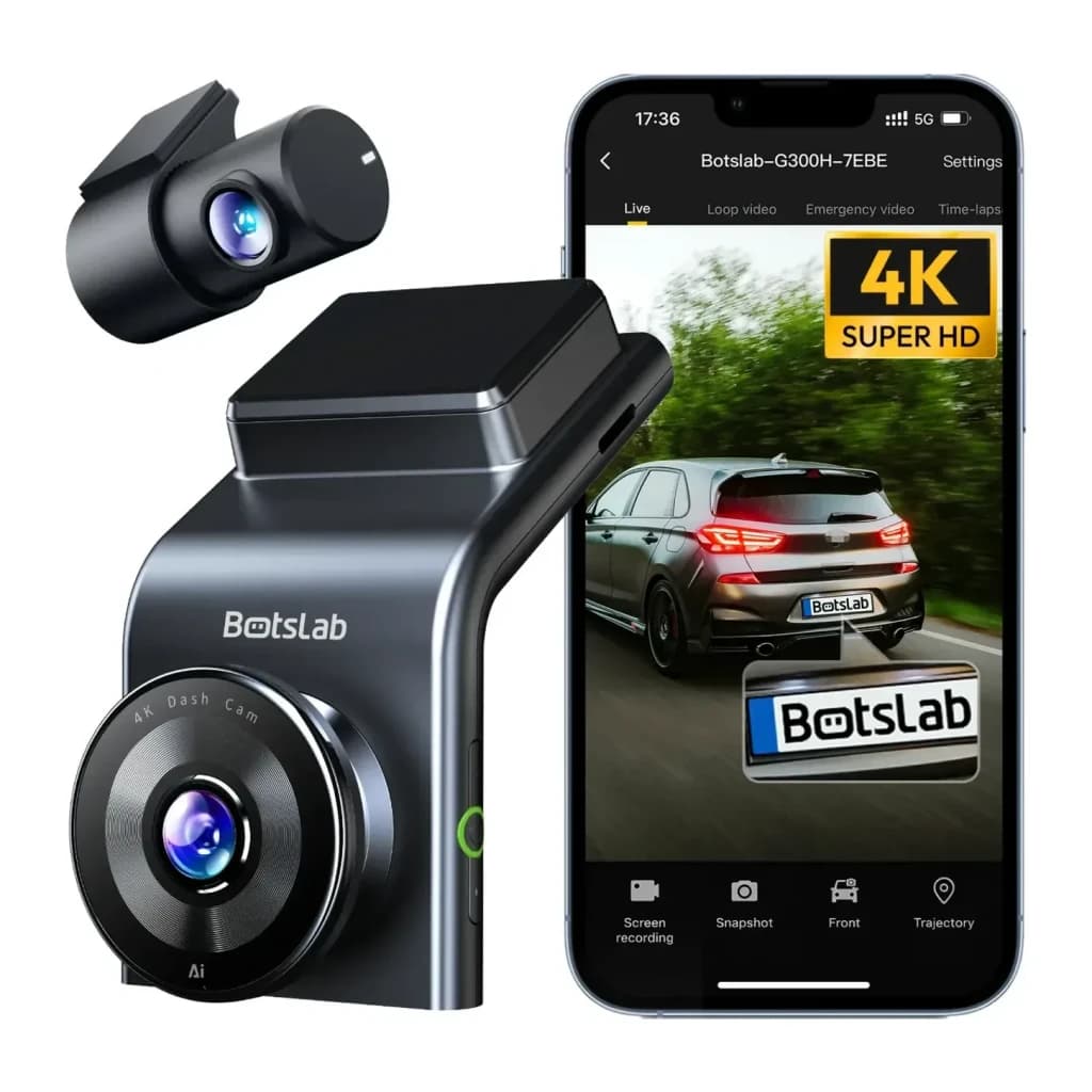 Dashcam Botslab G300H Plus Cinzento 2CH 4K + 1080p GPS, em uso: câmara frontal e traseira com app móvel a mostrar vista ao