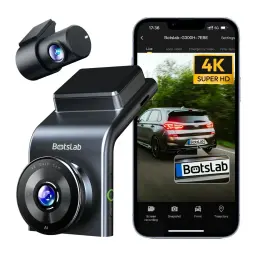 Dashcam Botslab G300H Plus Cinzento 2CH 4K + 1080p GPS, em uso: câmara frontal e traseira com app móvel a mostrar vista ao