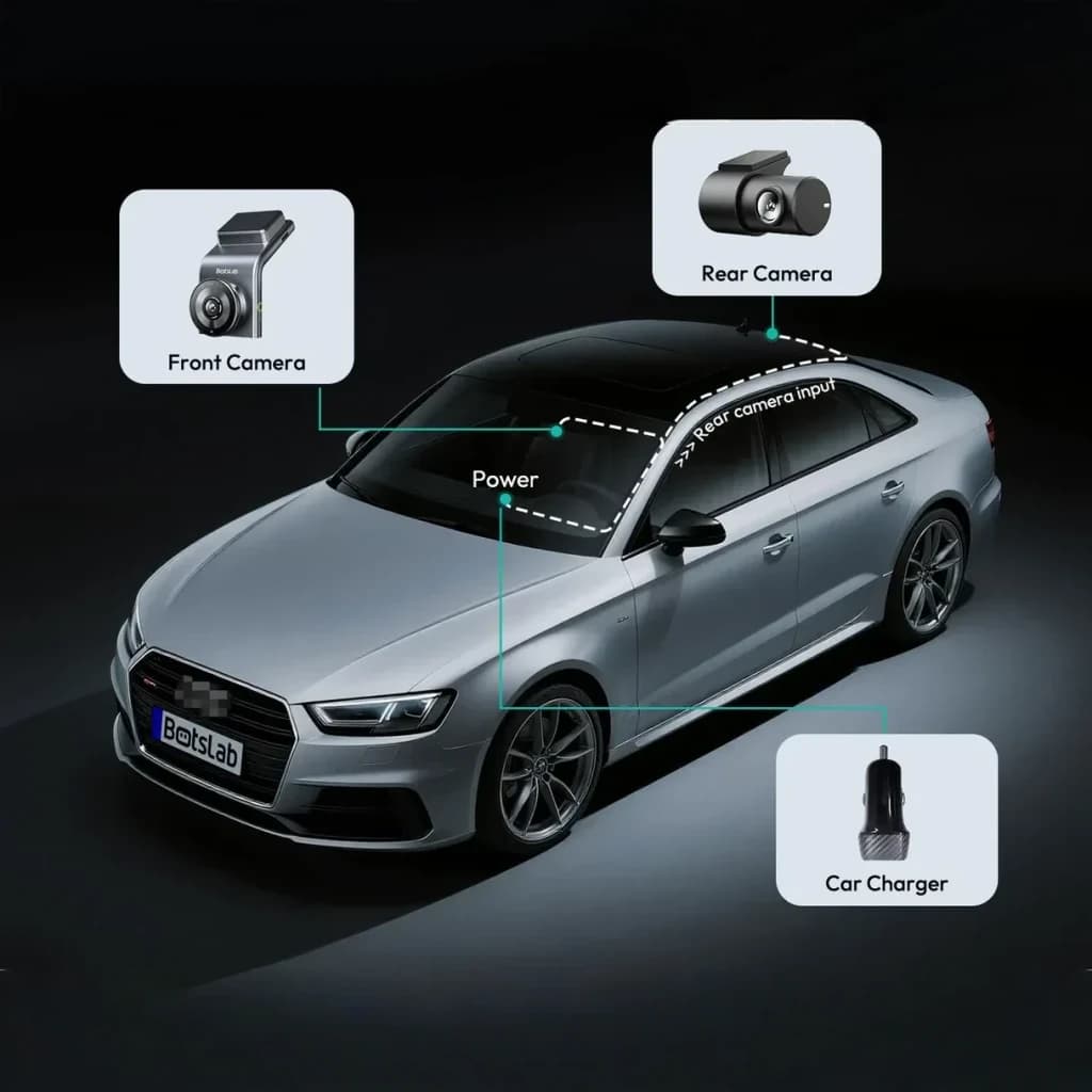 Dashcam Botslab G300H Plus Cinzento 2CH 4K + 1080p GPS, em uso: diagrama de instalação em carro com câmara frontal, traseira