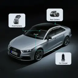 Dashcam Botslab G300H Plus Cinzento 2CH 4K + 1080p GPS, em uso: diagrama de instalação em carro com câmara frontal, traseira