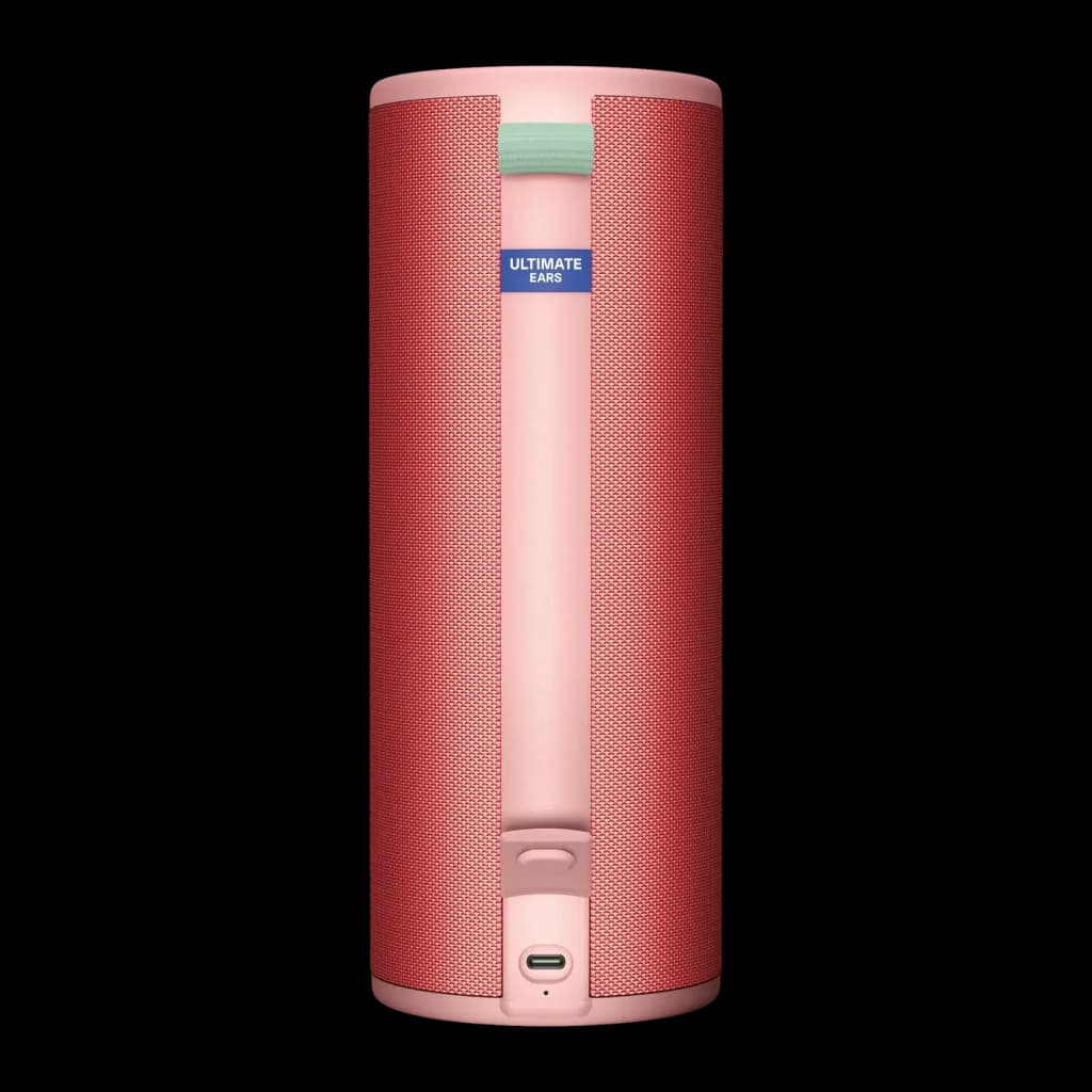 Enceinte portable Ultimate Ears Megaboom 4 IP67 20h Bluetooth Rouge, vue avant: tissu rouge, dragonne vert menthe, logo UE