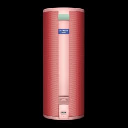 Enceinte portable Ultimate Ears Megaboom 4 IP67 20h Bluetooth Rouge, vue avant: tissu rouge, dragonne vert menthe, logo UE