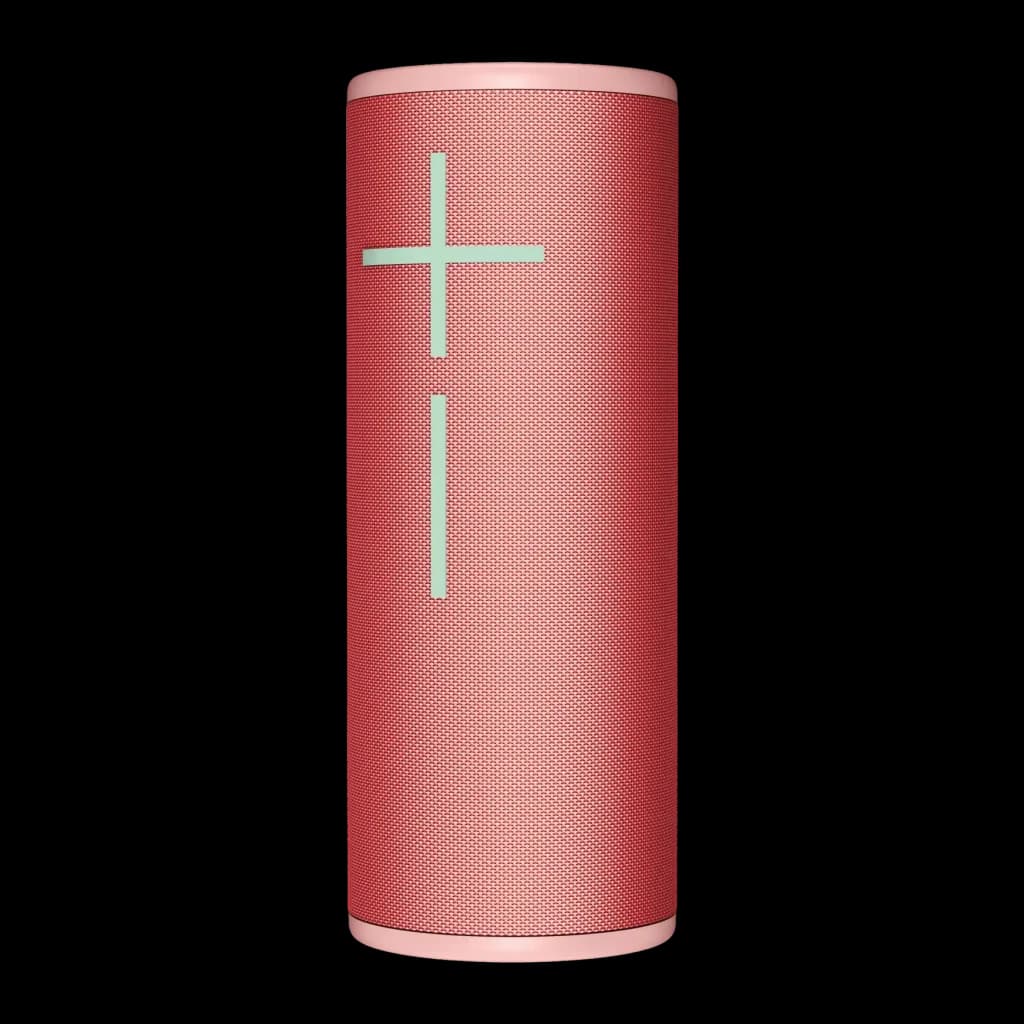 Enceinte portable Ultimate Ears Megaboom 4 IP67 20h Bluetooth Rouge, vue avant: grille rouge avec boutons + et - vert menthe