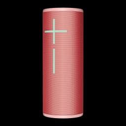 Enceinte portable Ultimate Ears Megaboom 4 IP67 20h Bluetooth Rouge, vue avant: grille rouge avec boutons + et - vert menthe