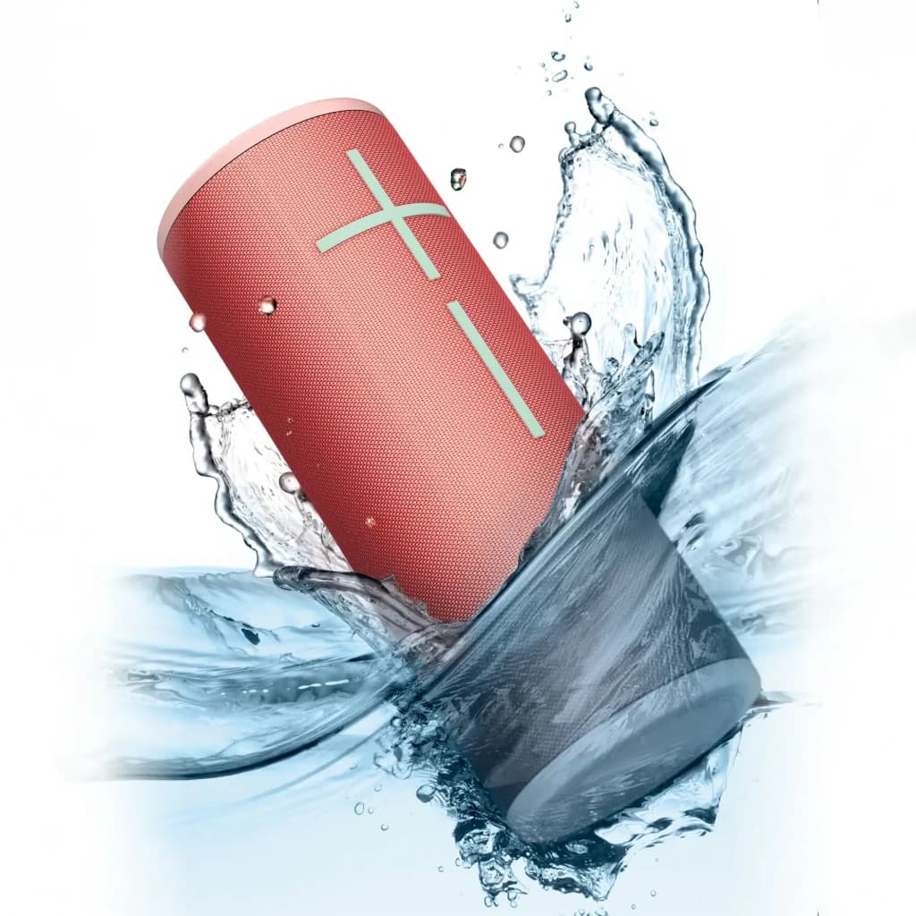 Enceinte portable Ultimate Ears Megaboom 4 IP67 20h Bluetooth Rouge, en utilisation: immergée dans des éclaboussures d'eau