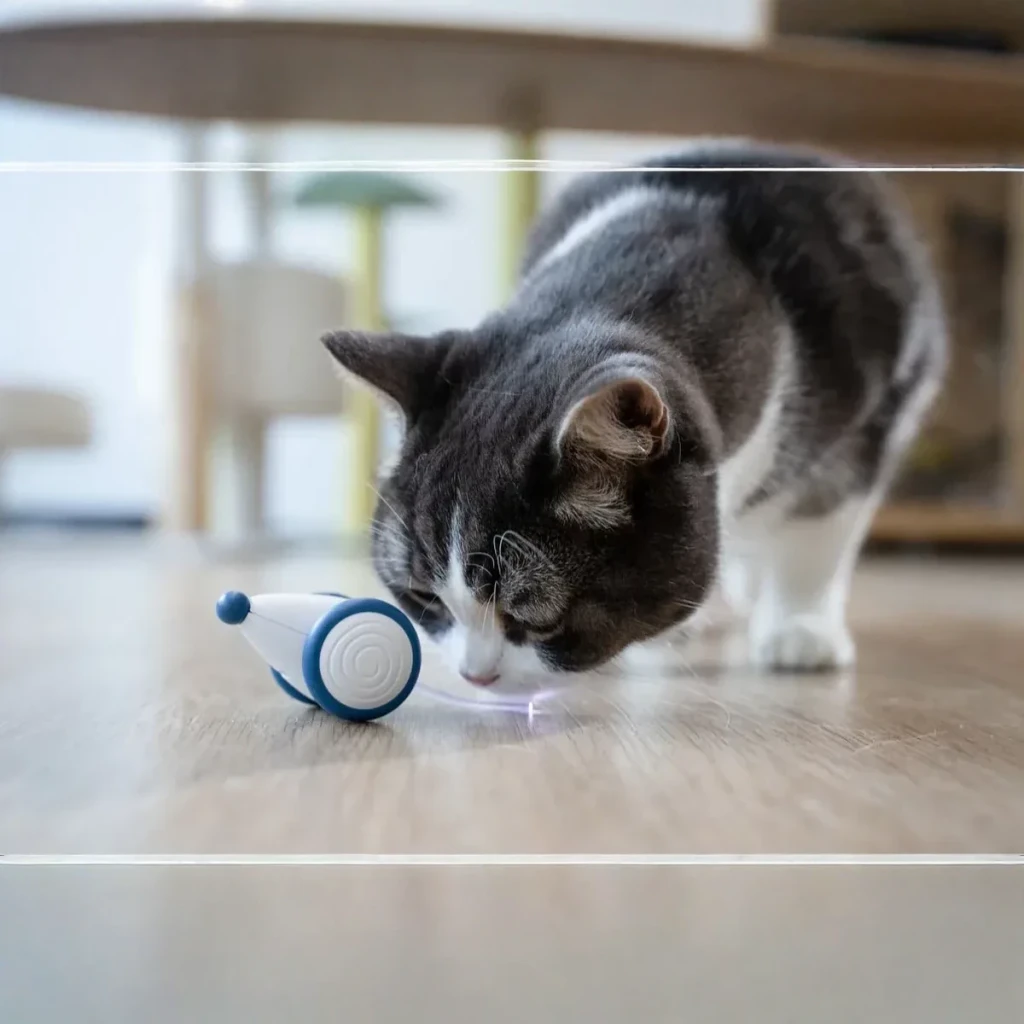 Jouet interactif Cheerble Wicked Mouse Rechargeable Micro USB 135mAh 40min Bleu, en utilisation: chat reniflant le jouet