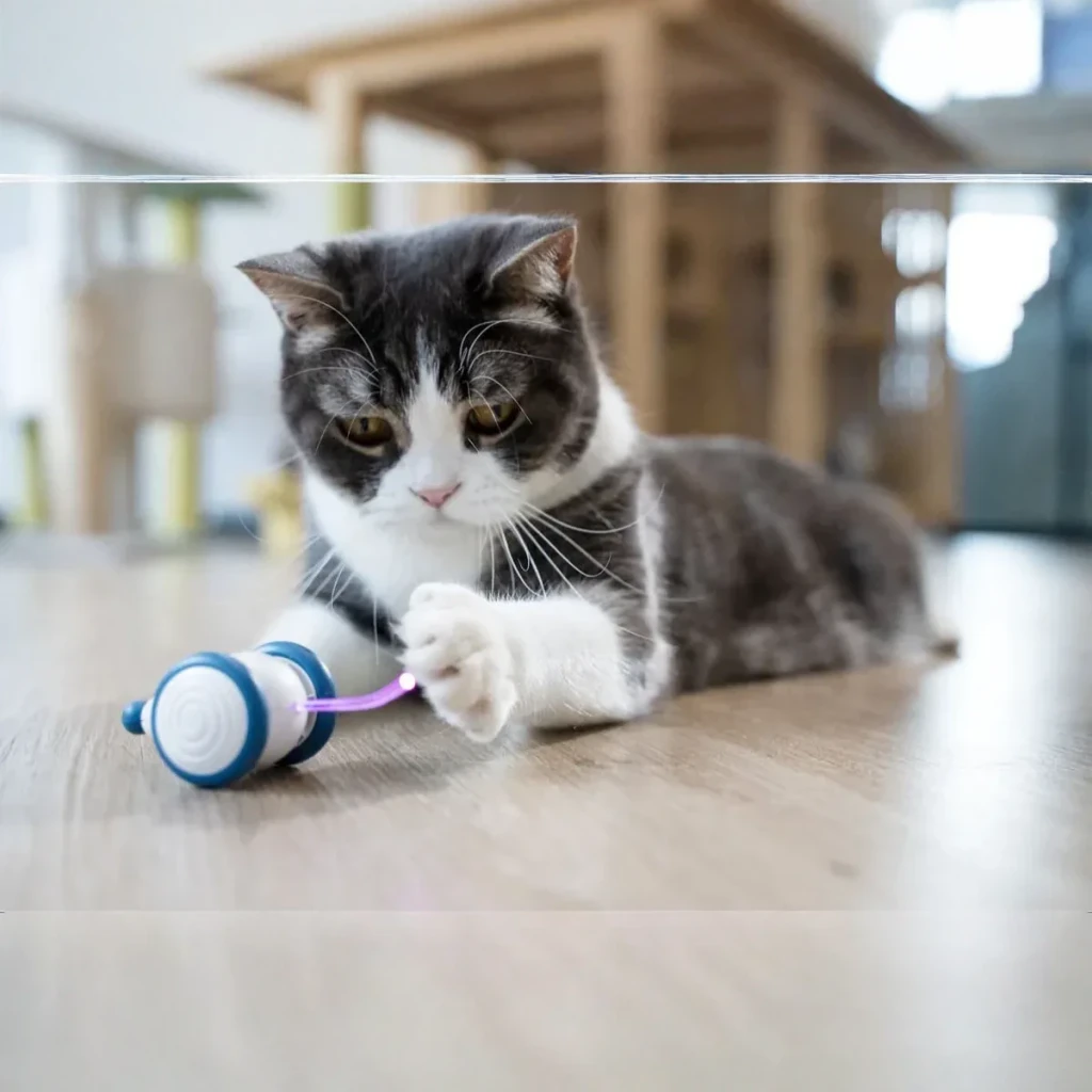 Jouet interactif Cheerble Wicked Mouse Rechargeable Micro USB 135mAh 40min Bleu, en utilisation: chat gris frappant le jouet
