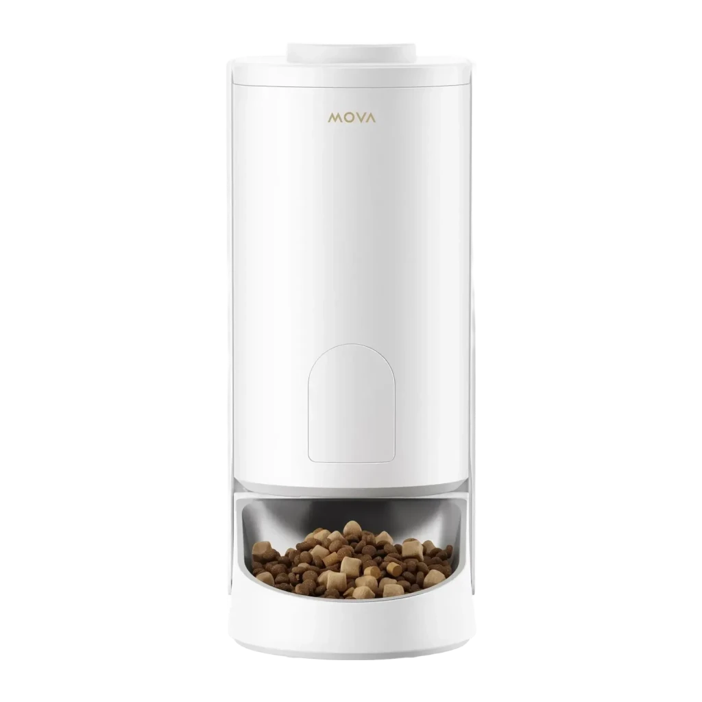 Distributeur automatique MOVA PF10 Pro 3,4L Blanc, vue de face: corps cylindrique blanc avec logo doré et bol en acier inox