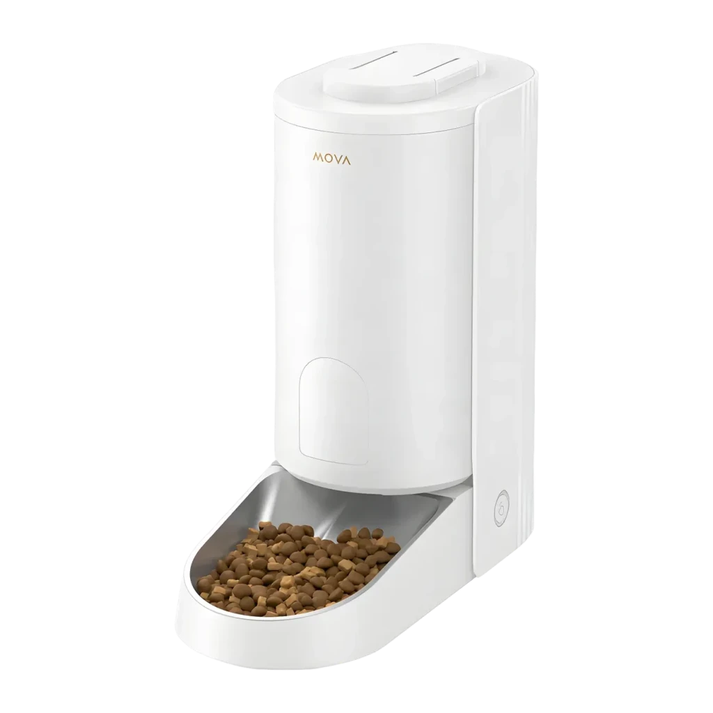 Distributeur automatique MOVA PF10 Pro 3,4L Blanc, détail: réservoir cylindrique avec logo doré et bol en acier inox rempli