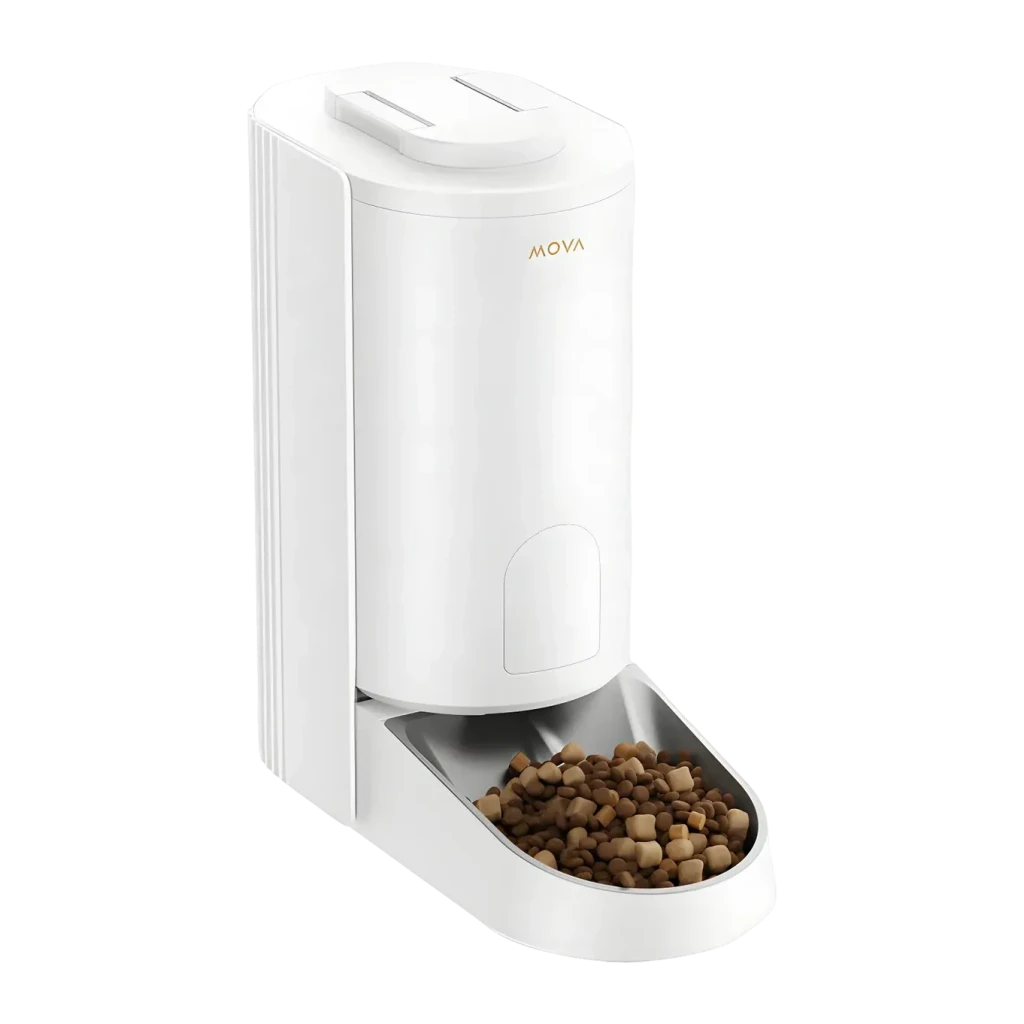 Distributeur automatique MOVA PF10 Pro 3,4L Blanc, détail: logo doré, réservoir cylindrique et bol en acier avec croquettes
