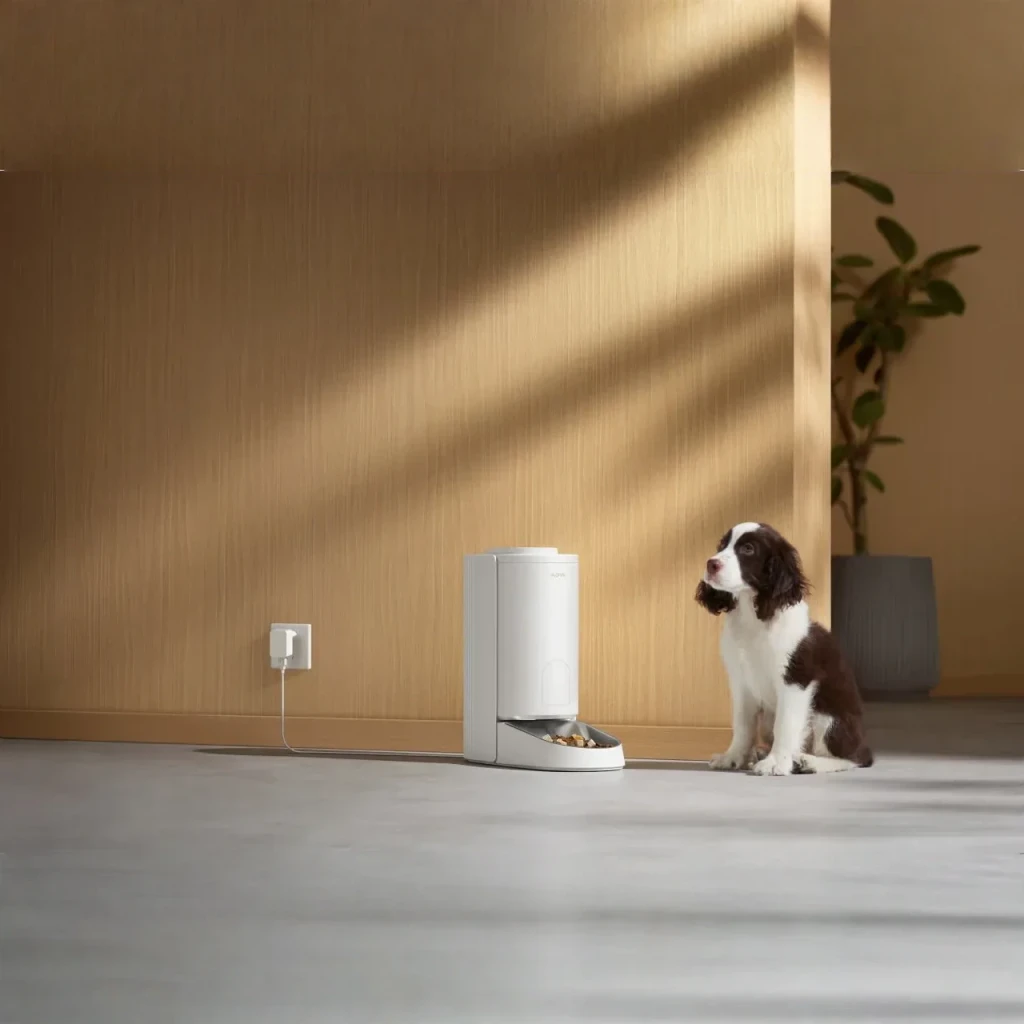 Distributeur automatique MOVA PF10 Pro 3,4L Blanc, en utilisation: chien assis près du distributeur branché dispensant