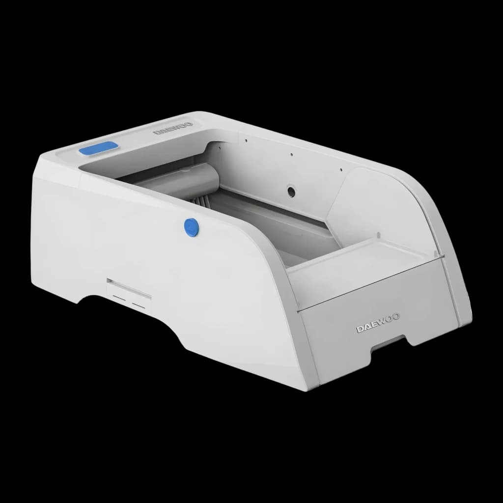Litière Autonettoyante Daewoo 5L Gris App Tuya D-HIPC102W, vue de face: corps gris avec bouton bleu, rouleau intérieur