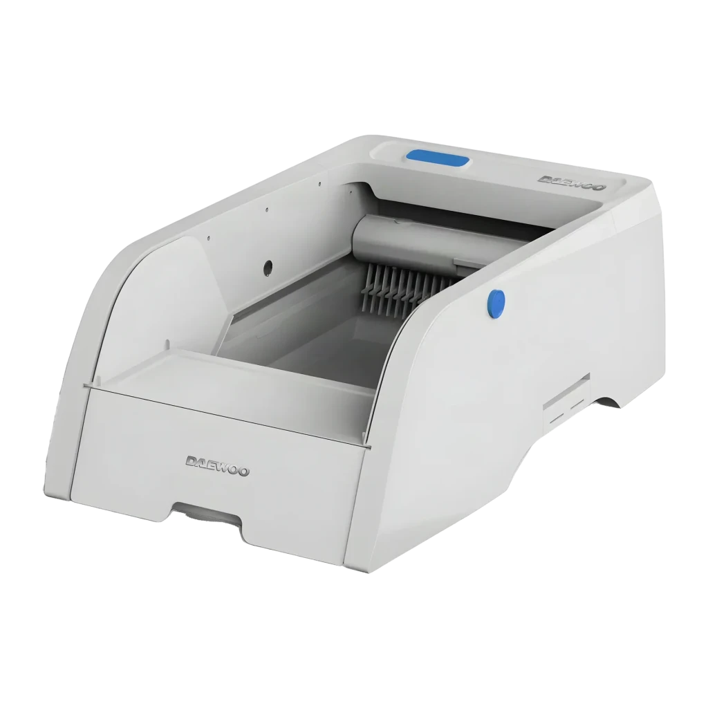 Litière Autonettoyante Daewoo 5L Gris App Tuya D-HIPC102W, détail: intérieur avec râteau et tiroir extractible visibles