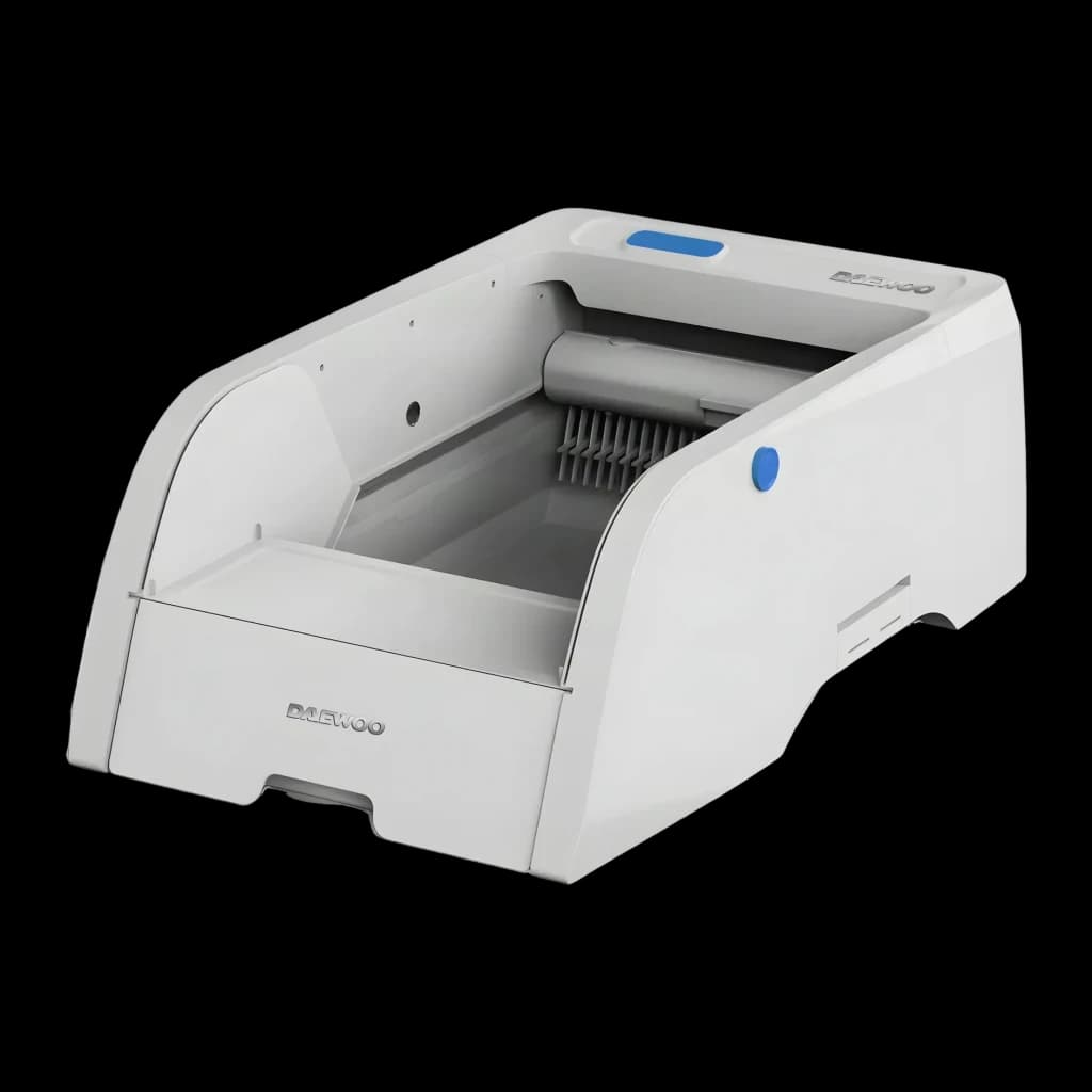 Litière Autonettoyante Daewoo 5L Gris App Tuya D-HIPC102W, détail: intérieur avec râteau et tiroir extractible visibles