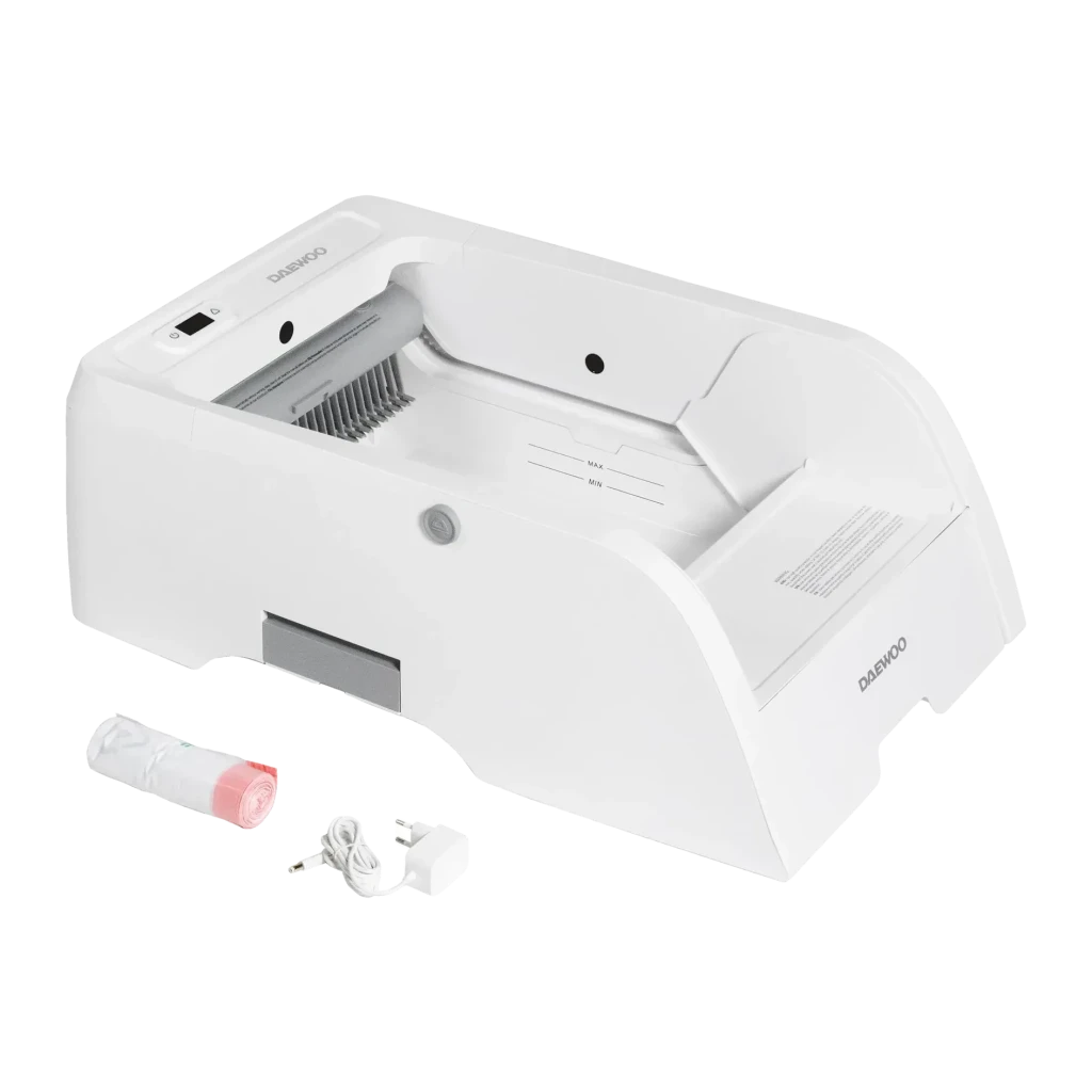 Litière Autonettoyante Daewoo 5L Gris App Tuya D-HIPC102W, détail: vue en perspective avec accessoires inclus, sac