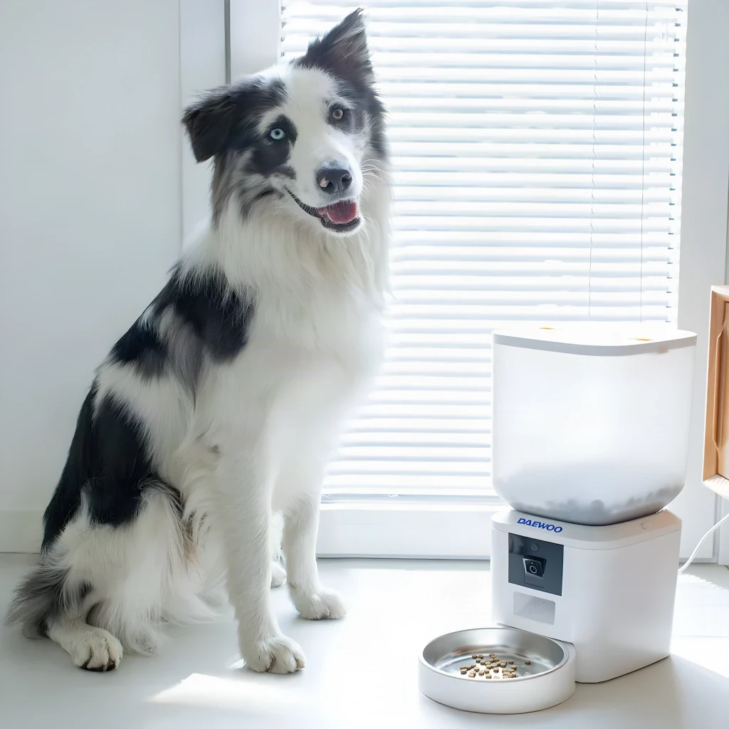 Distributeur Automatique Daewoo 7L Blanc Caméra Full HD 1080p D-QQ029-7L, en utilisation: border collie assis à côté