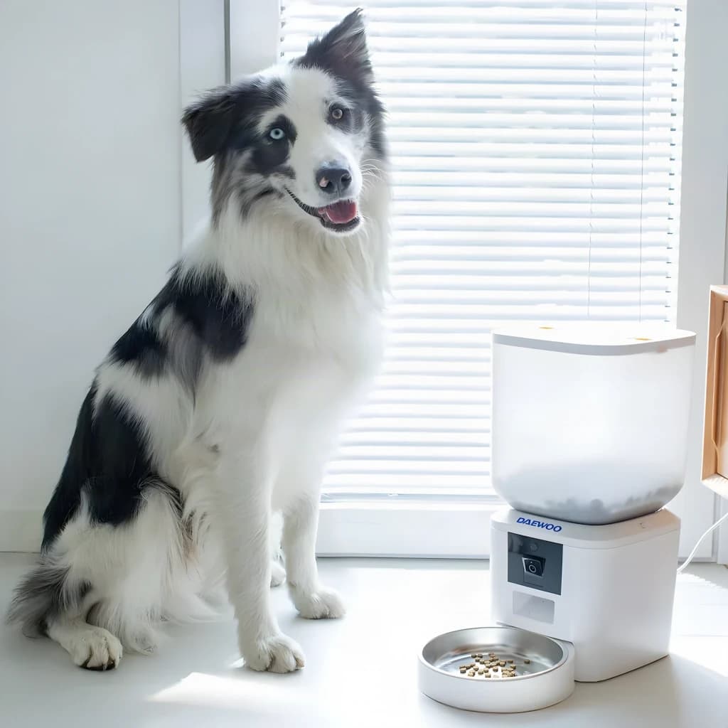 Distributeur Automatique Daewoo 7L Blanc Caméra Full HD 1080p D-QQ029-7L, en utilisation: border collie assis à côté