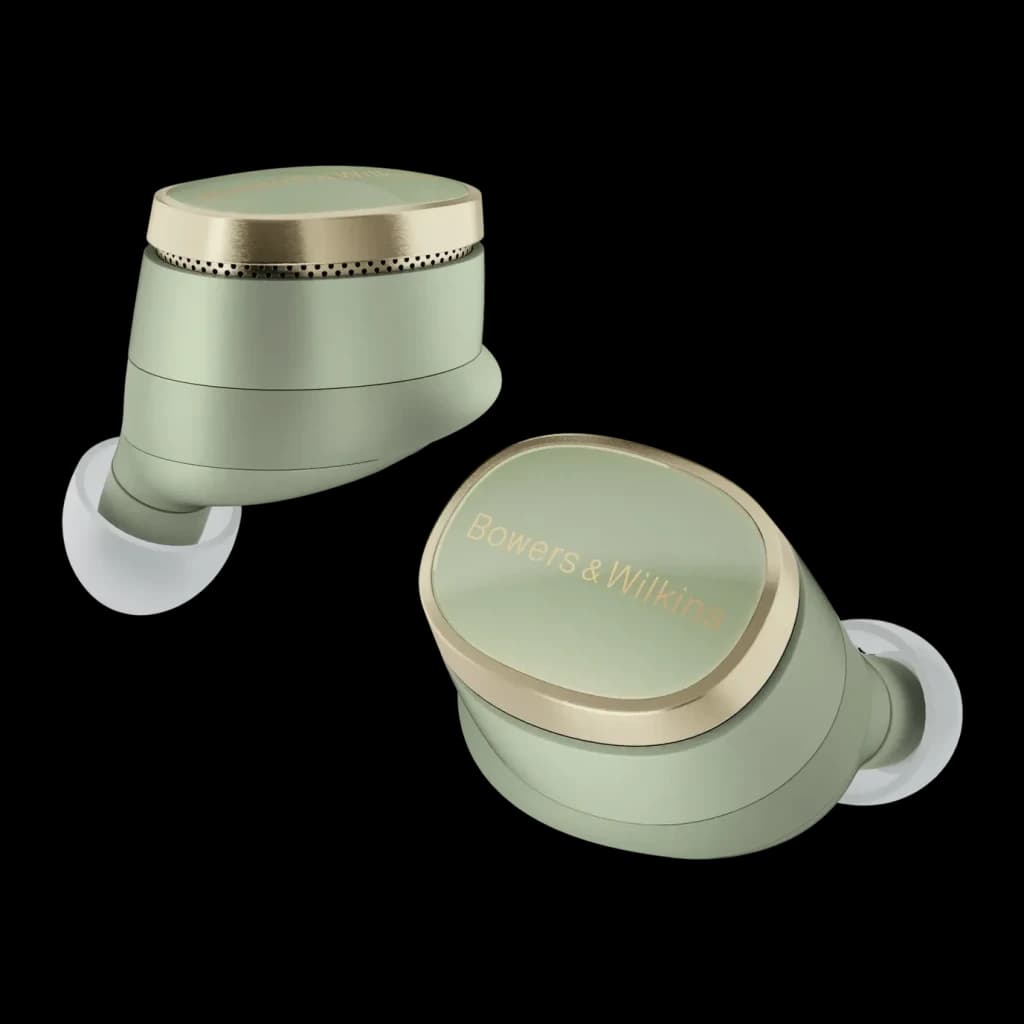 Auriculares Bowers & Wilkins Pi8 True Wireless TWS Bluetooth 5.4 Verde, vista frontal: dois earbuds verdes com aro dourado