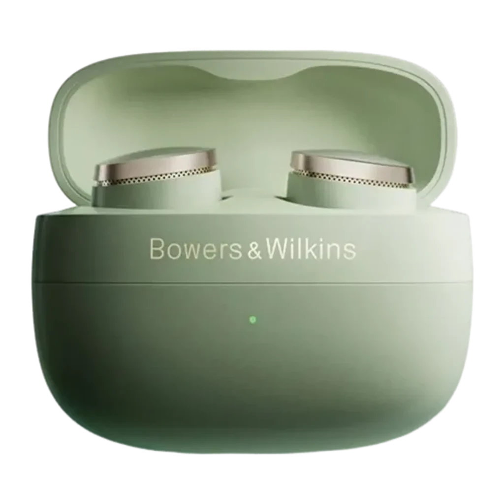 Auriculares Bowers & Wilkins Pi8 True Wireless TWS Bluetooth 5.4 Verde, detalhe: estojo aberto com os dois earbuds e grades