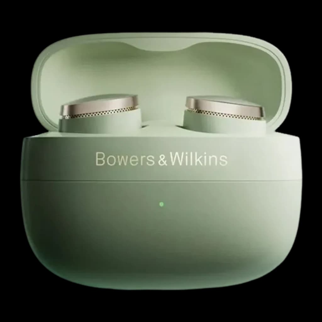 Auriculares Bowers & Wilkins Pi8 True Wireless TWS Bluetooth 5.4 Verde, detalhe: estojo aberto com os dois earbuds e grades
