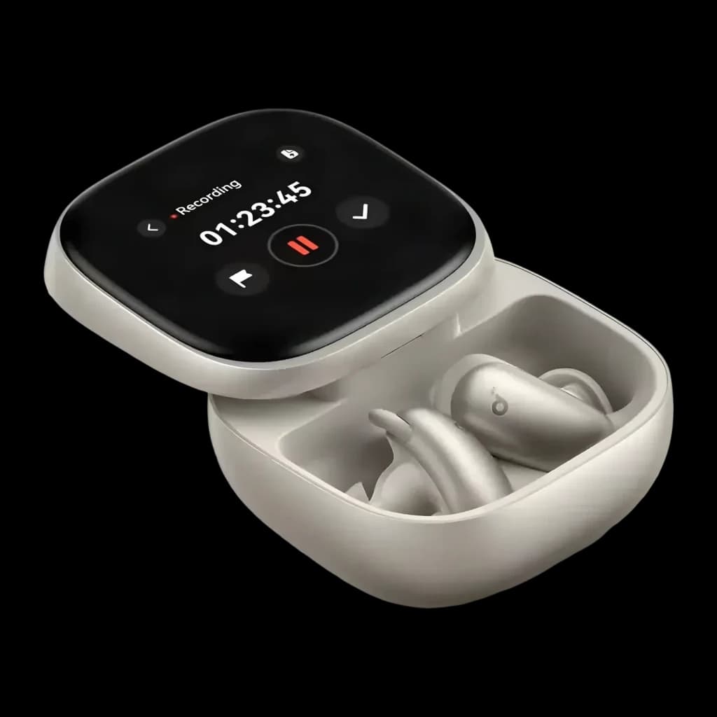 Écouteurs Anker Soundcore Liberty 5 Pro Max Réduction de Bruit TWS In-Ear Or, détail: étui ouvert avec écran tactile