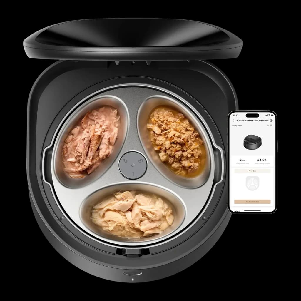 Comedouro Automático Petlibro Polar Smart WiFi App PLAF109, detalhe: bandeja aberta com 3 compartimentos de comida húmida