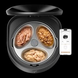 Comedouro Automático Petlibro Polar Smart WiFi App PLAF109, detalhe: bandeja aberta com 3 compartimentos de comida húmida