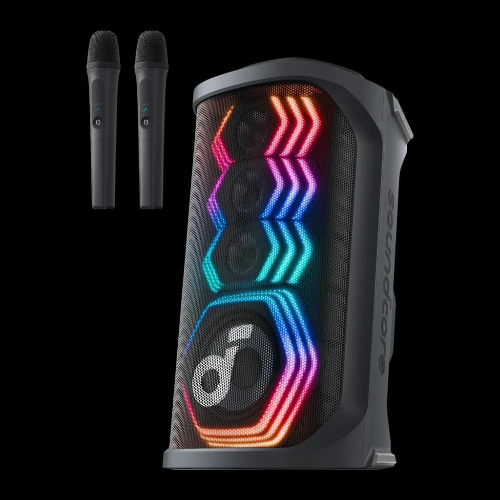 Altavoz de fiesta Anker Soundcore Rave 3S IPX4 200W 12h Negro, vista frontal: rejilla con luces RGB multicolor, woofer y dos