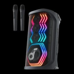 Altavoz de fiesta Anker Soundcore Rave 3S IPX4 200W 12h Negro, vista frontal: rejilla con luces RGB multicolor, woofer y dos