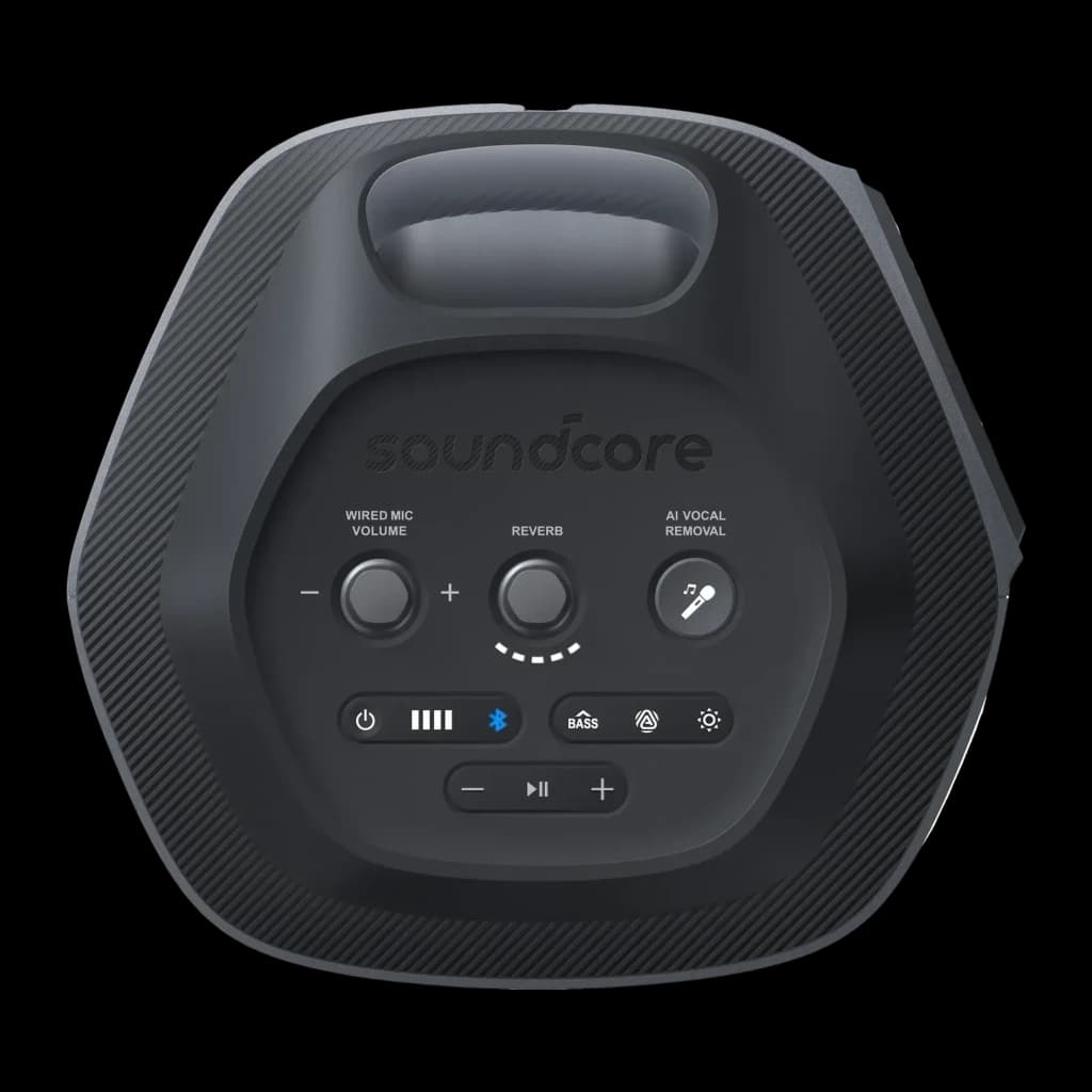 Altavoz de fiesta Anker Soundcore Rave 3S IPX4 200W 12h Negro, detalle superior: panel de control con mandos de volumen