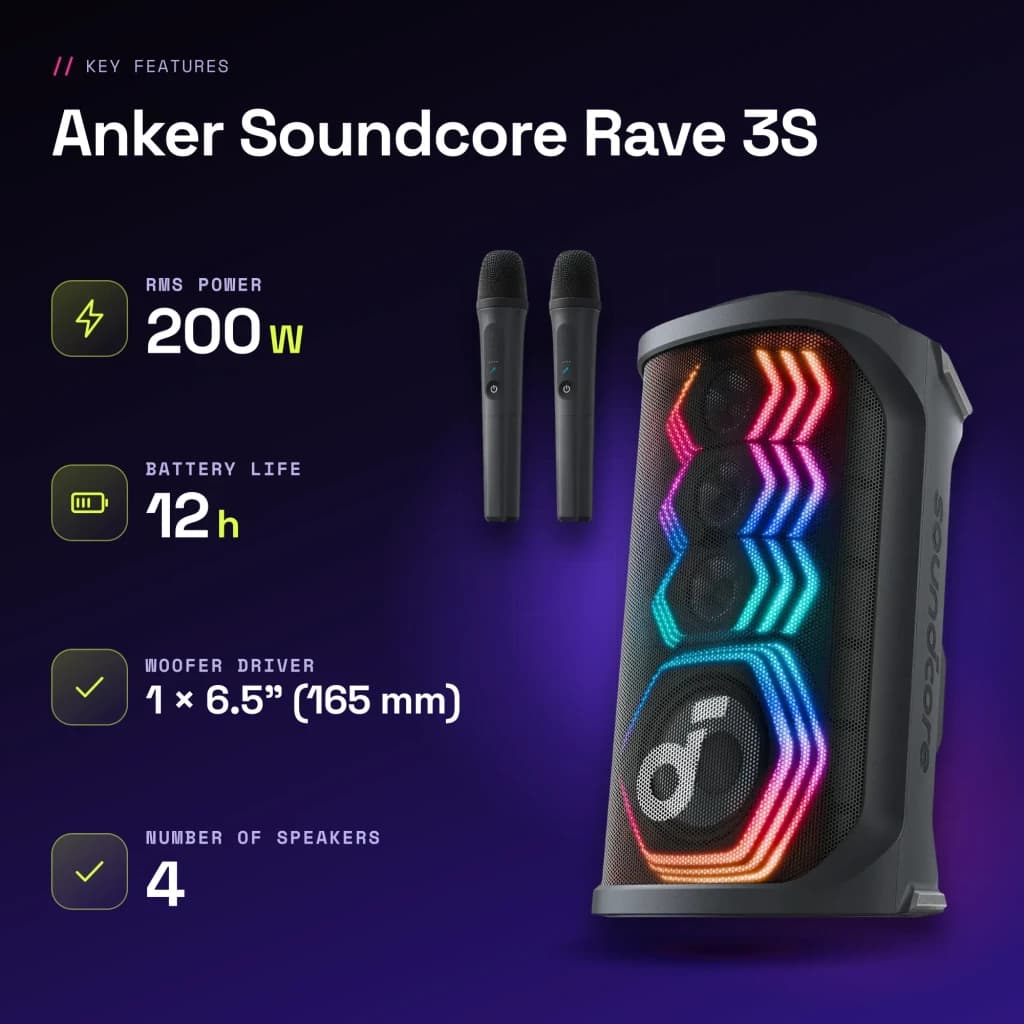 Altavoz de fiesta Anker Soundcore Rave 3S IPX4 200W 12h Negro - características