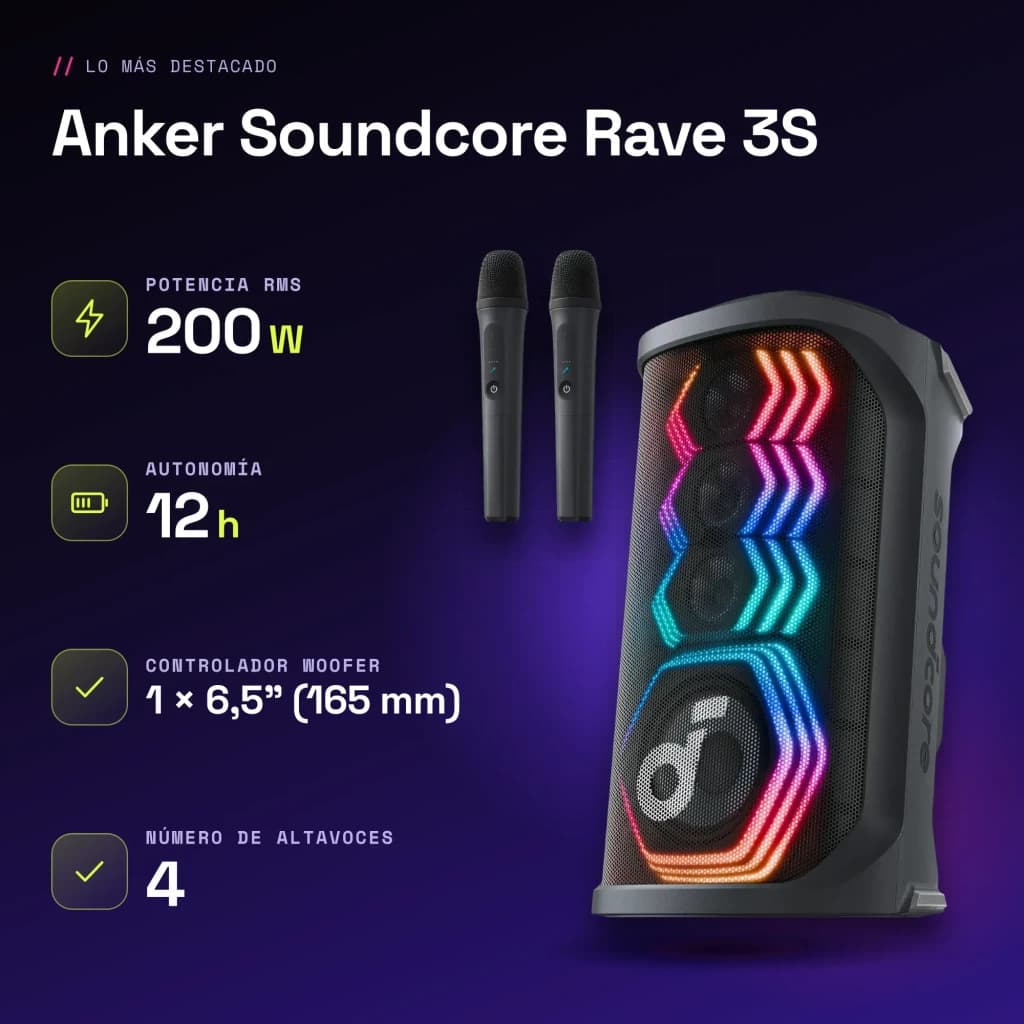 Altavoz de fiesta Anker Soundcore Rave 3S IPX4 200W 12h Negro - características