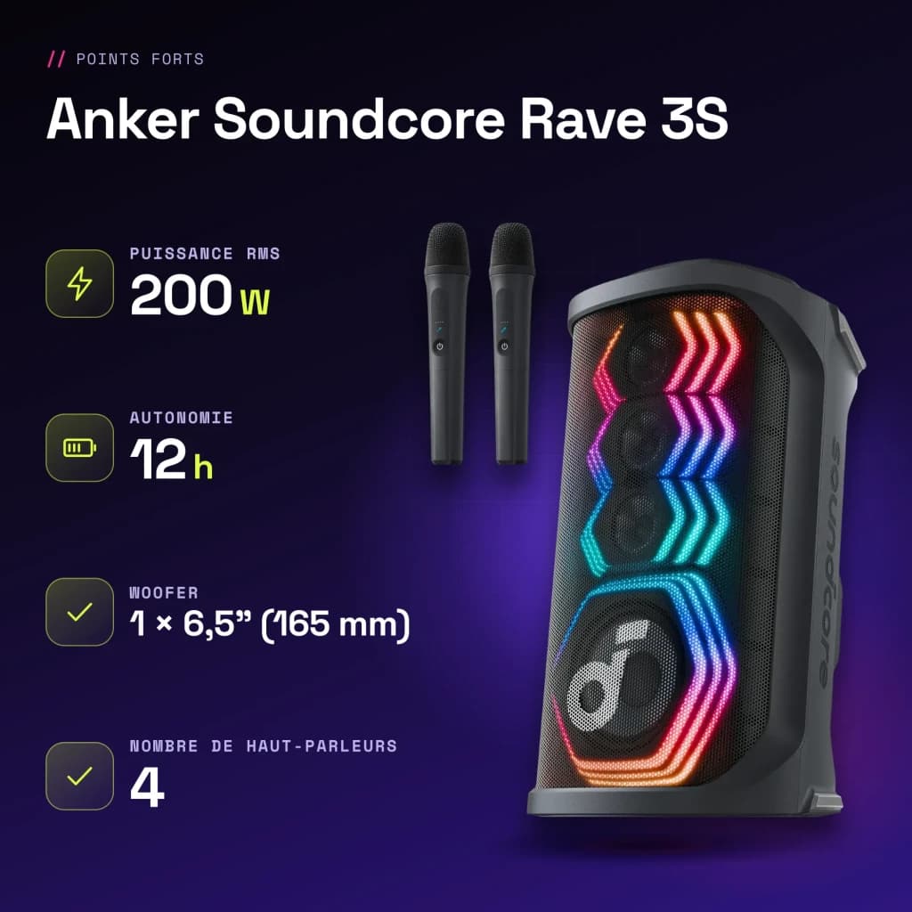 Altavoz de fiesta Anker Soundcore Rave 3S IPX4 200W 12h Negro - características