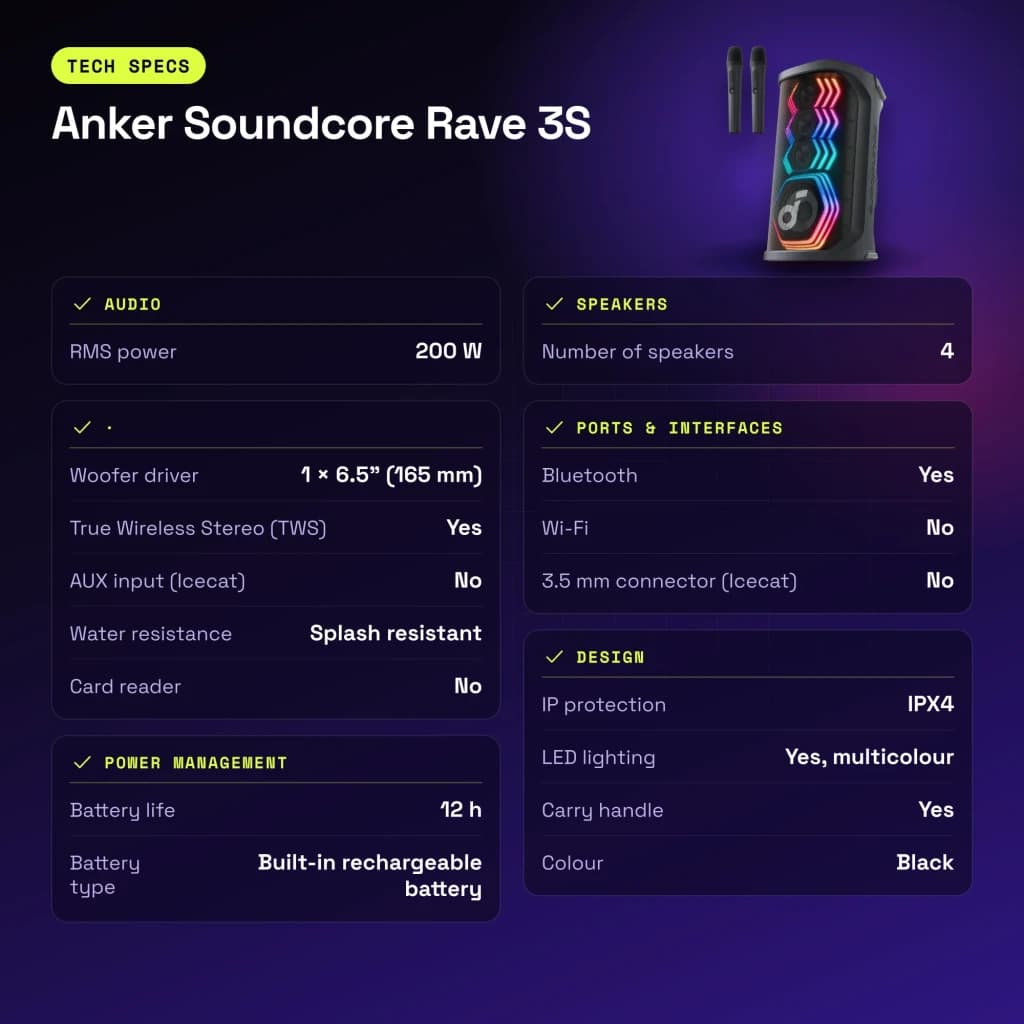 Altavoz de fiesta Anker Soundcore Rave 3S IPX4 200W 12h Negro - características